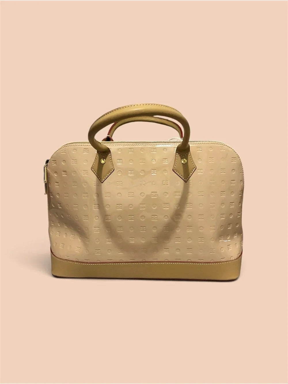 Arcadia Italy Blush Beige Embossed Monogram Patent Leather Dome Satchel NWT